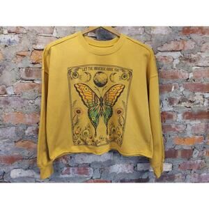 Zoe + Liv Womens Sweatshirt L Mustard Yellow Graphic Butterfly Celestial Boho